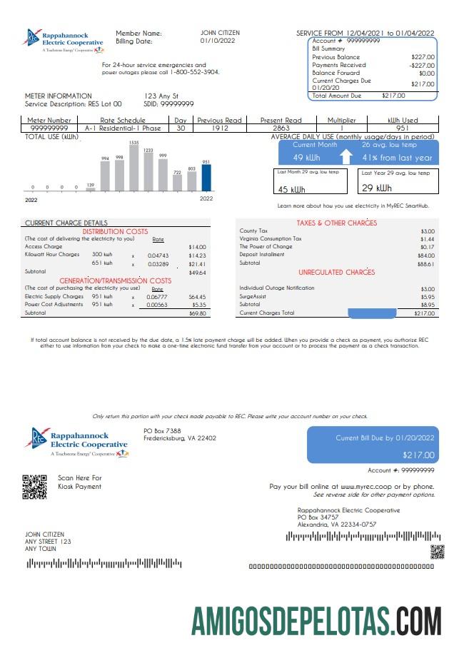 imprimível Modelo de conta de serviços públicos cooperativos elétricos Rappahannock dos EUA em formato Word e PDF